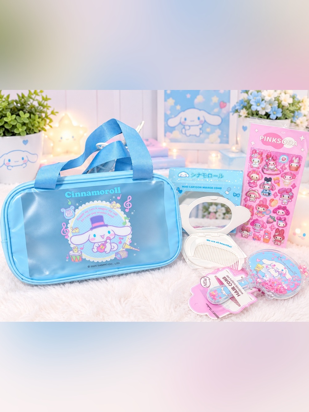 Cinnamoroll Bag & Hair Accessories (Brush, Mirror Comb & Stickers)